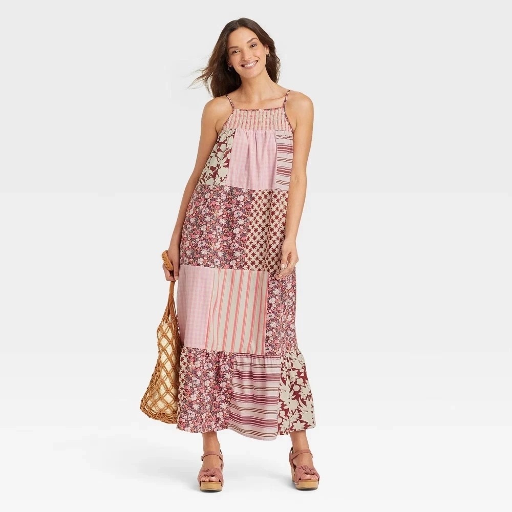 Universal Thread Pink Patchwork Cottagecore Maxi Dress Tiered Floral Size M